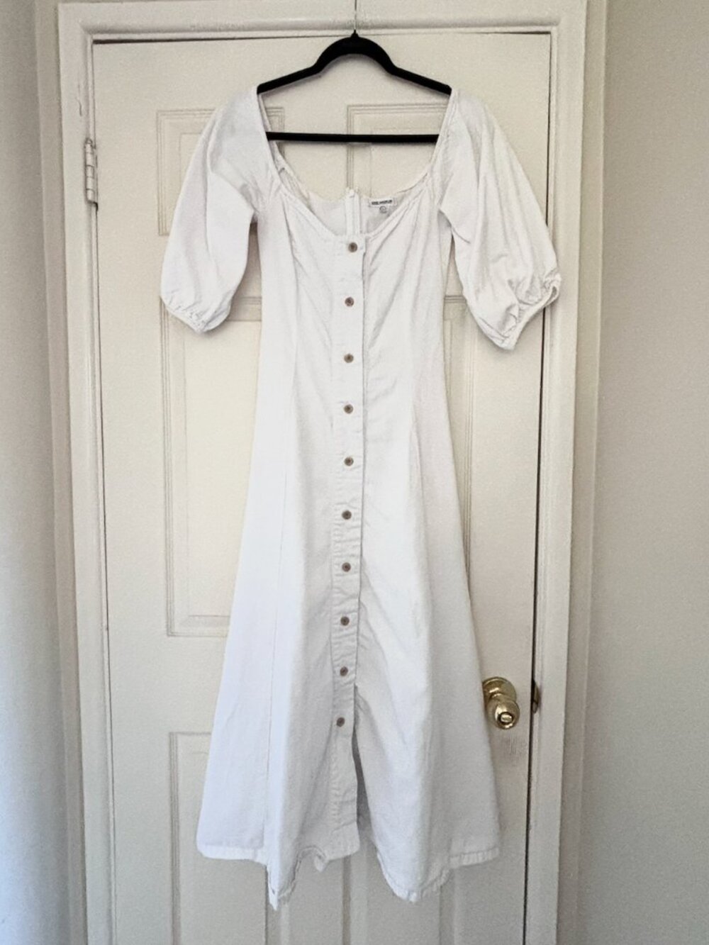 Good American Off Shoulder White Denim Midi Button Front Dress Sz. 1 Small